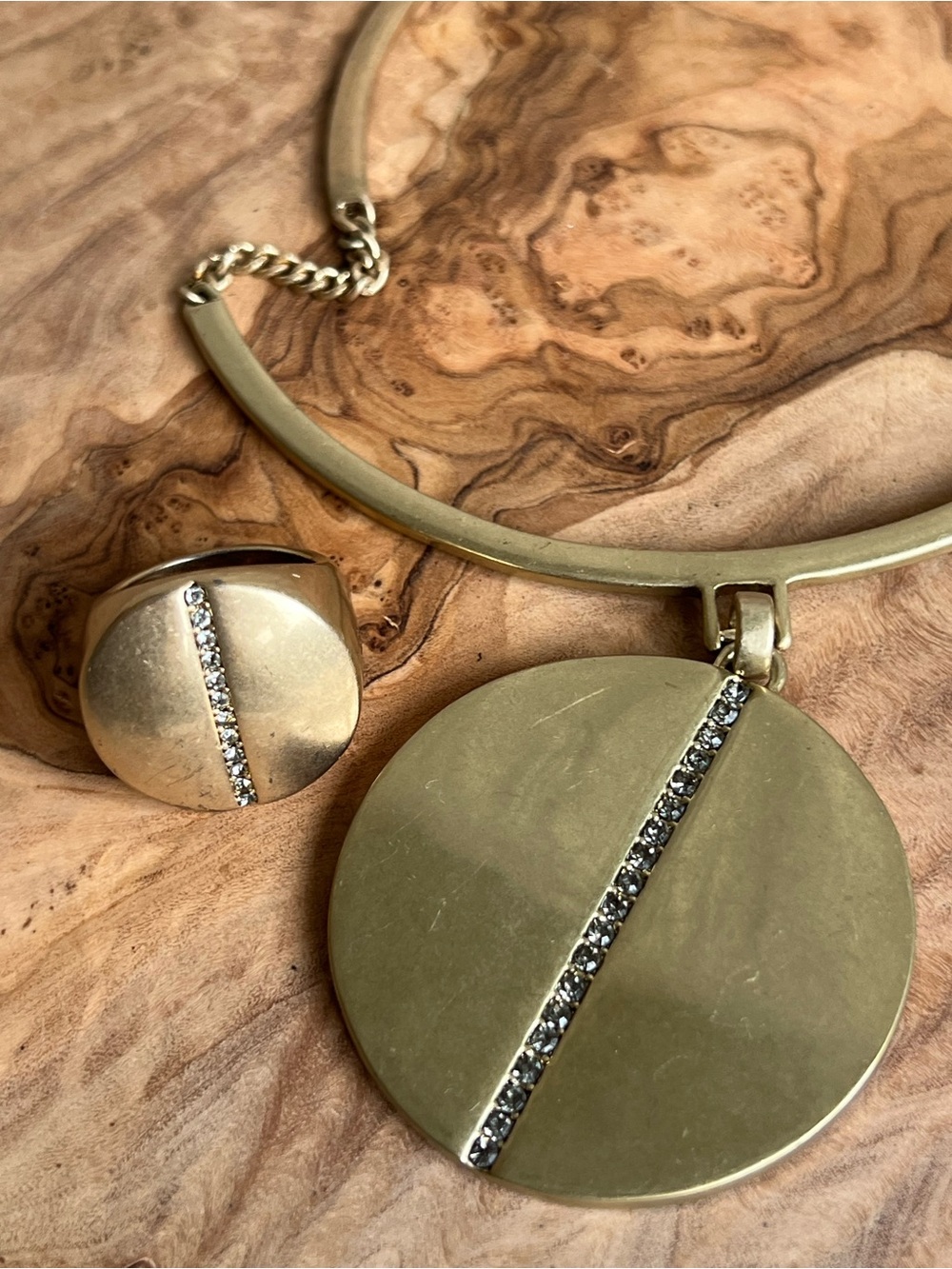 Gold-Tone Disc Pendant Necklace and Ring Set with Crystal Stripe